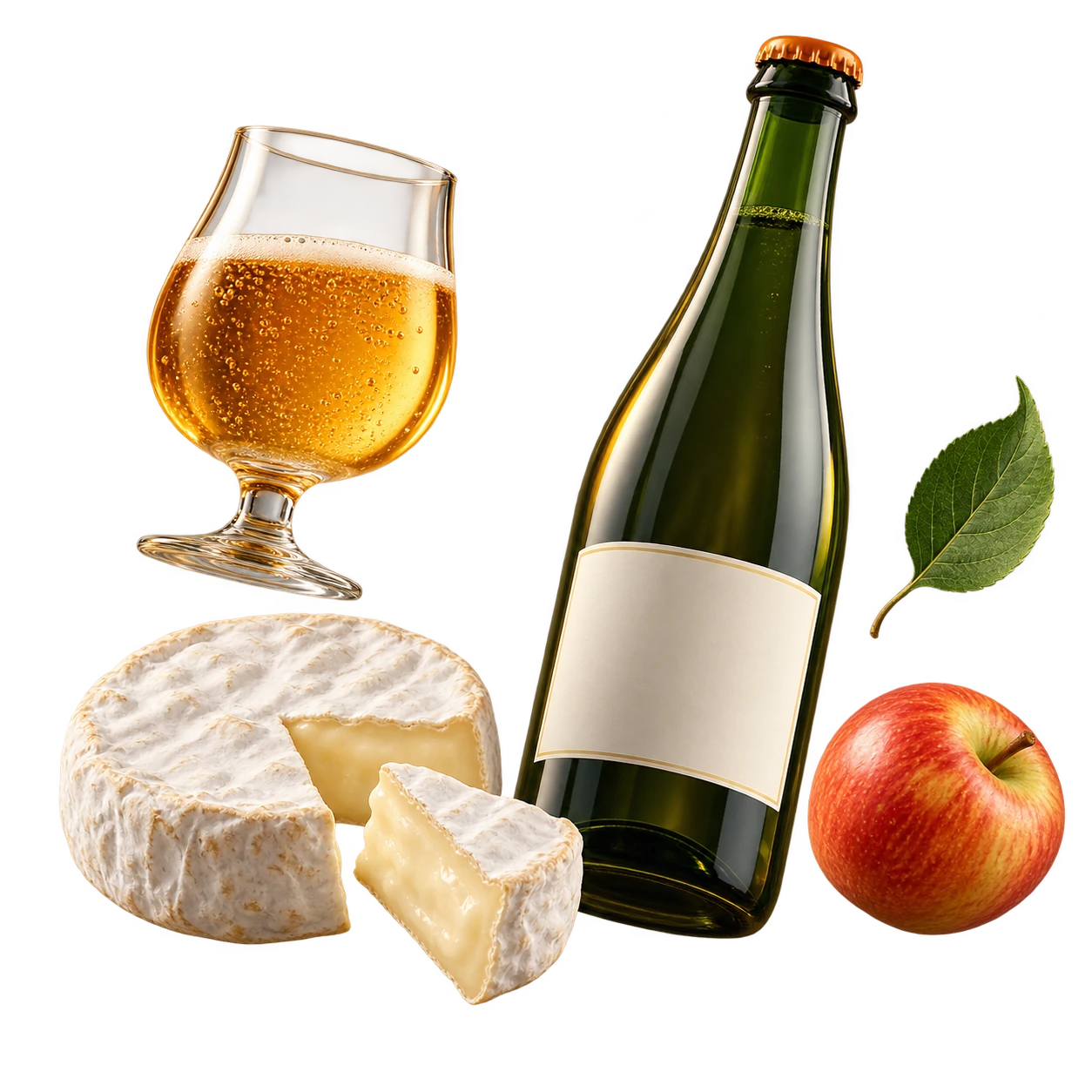 Composition illustrée de fromages, cidre et pomme