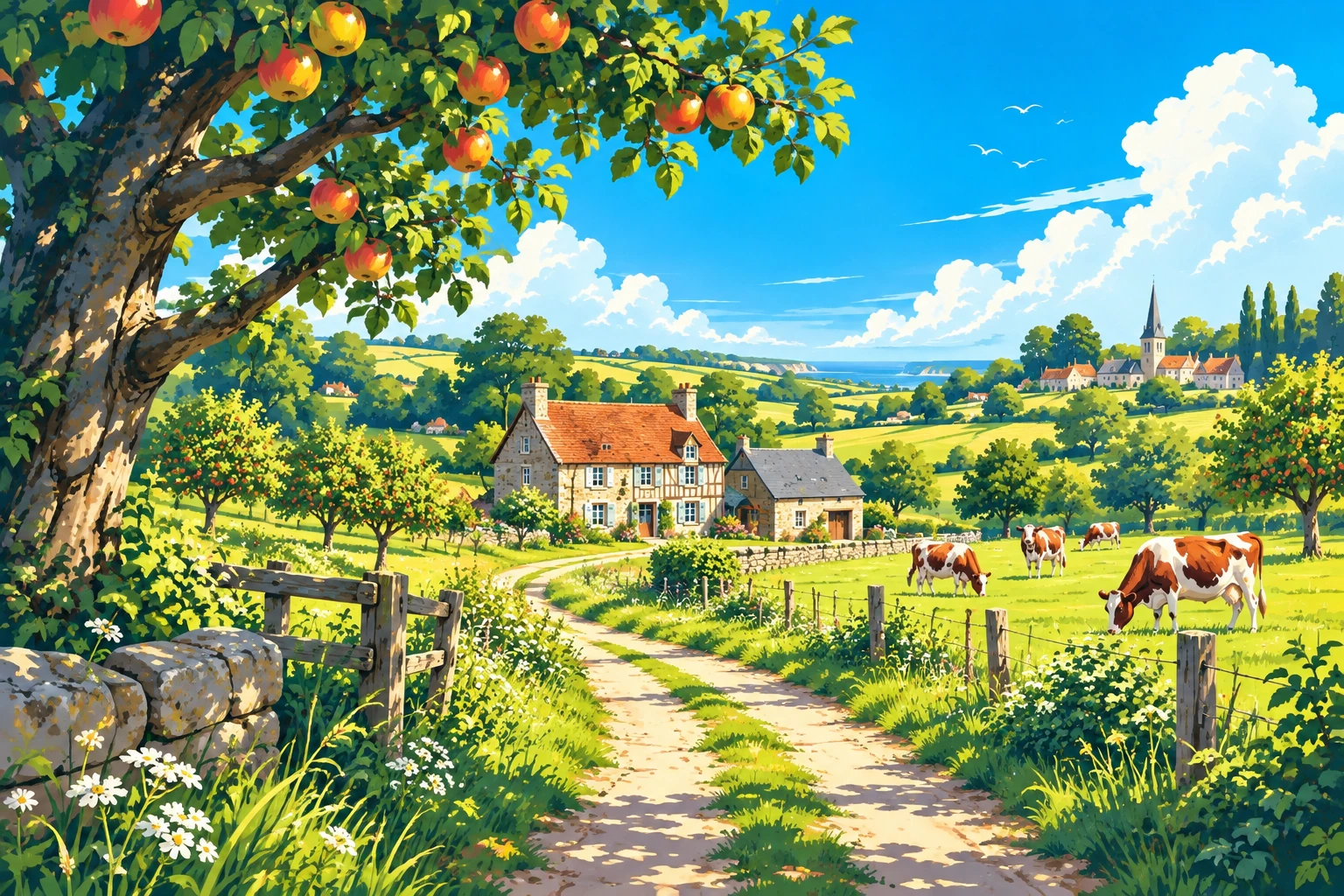 Paysage illustré de vergers et de campagne normande